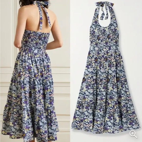 NWOT LES RÊVERIES Shirred Floral Fields Print Cotton Halter Midi Dress - Picture 2 of 8